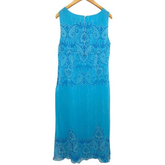 Coldwater Creek Blue Silk Midi Dress Damask Paisley Floral Vines (Misses 14) - Picture 8 of 10